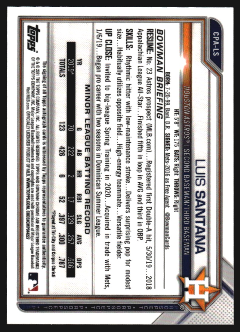 2021 Bowman Chrome Prospect Autographs #CPALS Luis Santana