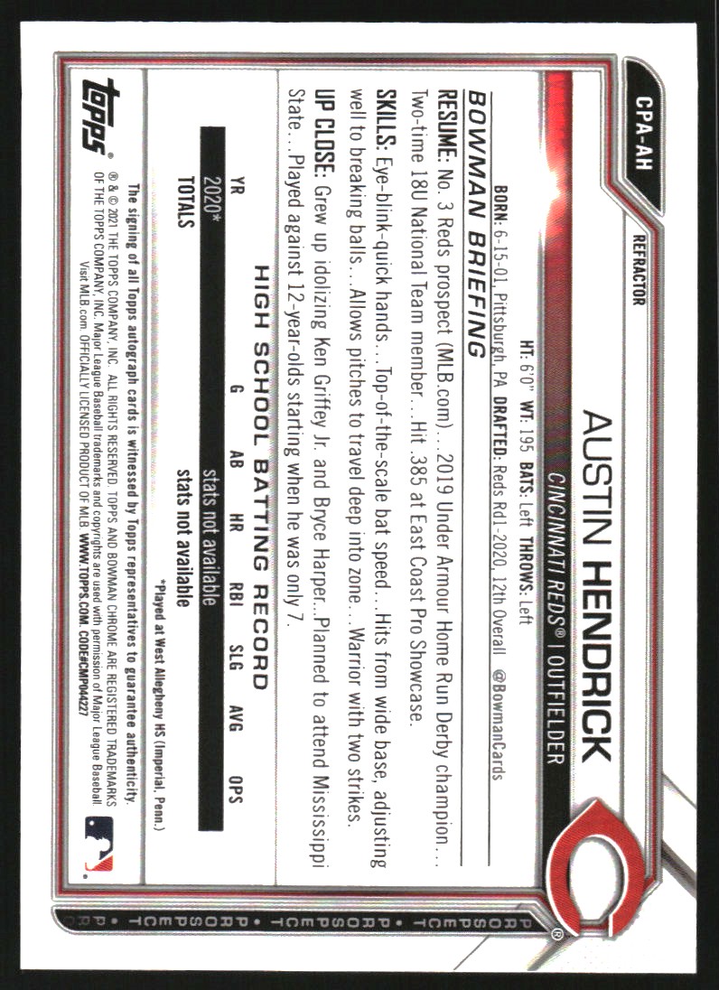 2021 Bowman Chrome Prospect Autographs Refractors #CPAAH Austin Hendrick
