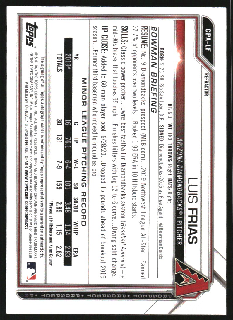 2021 Bowman Chrome Prospect Autographs Refractors #CPALF Luis Frias