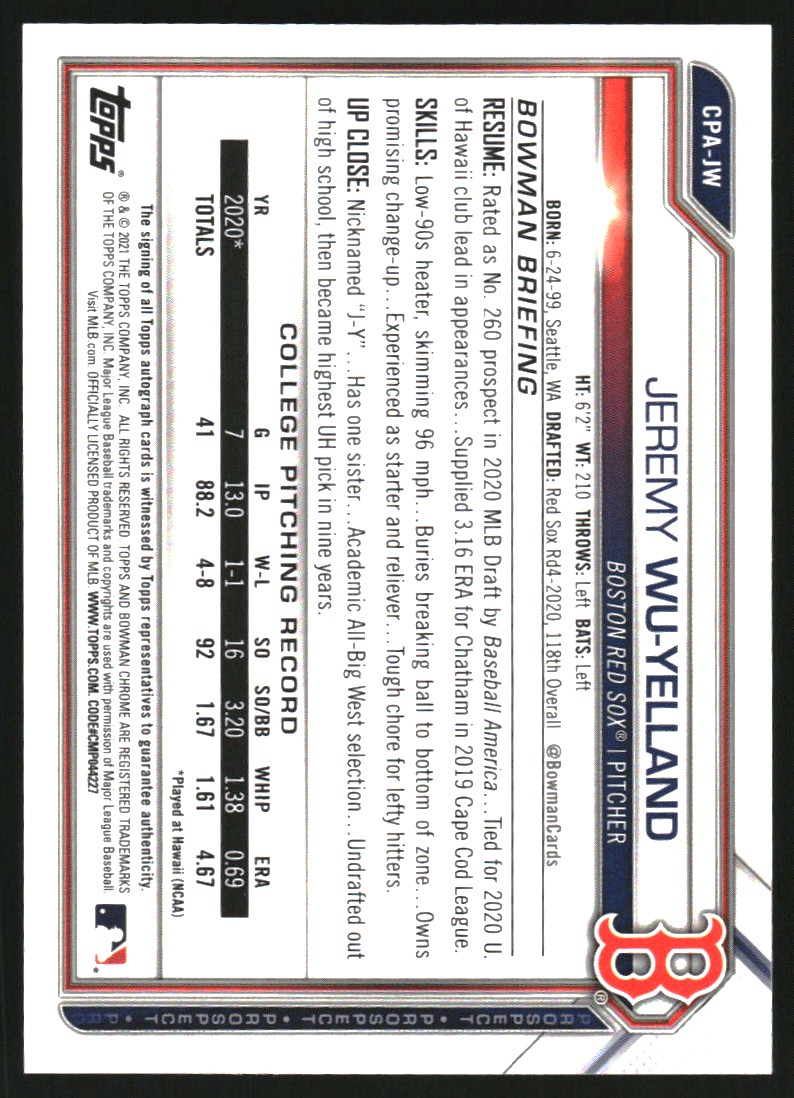 2021 Bowman Chrome Prospect Autographs Speckle Refractors #CPAJW Jeremy Wu-Yelland