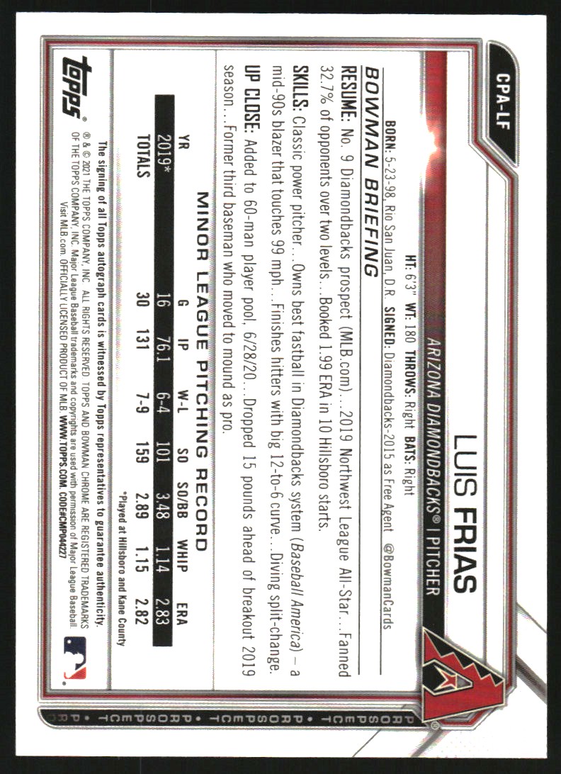 2021 Bowman Chrome Prospect Autographs Speckle Refractors #CPALF Luis Frias