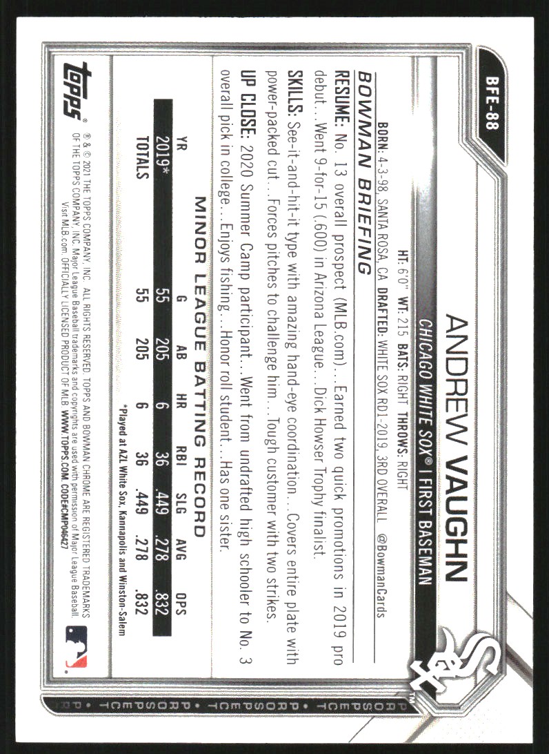 2021 Bowman 1st Edition Sky Blue Foil #BFE88 Andrew Vaughn