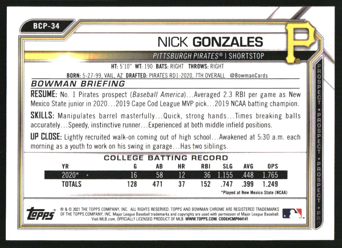 2021 Bowman Chrome Prospects Fuchsia Refractors #BCP34 Nick Gonzales