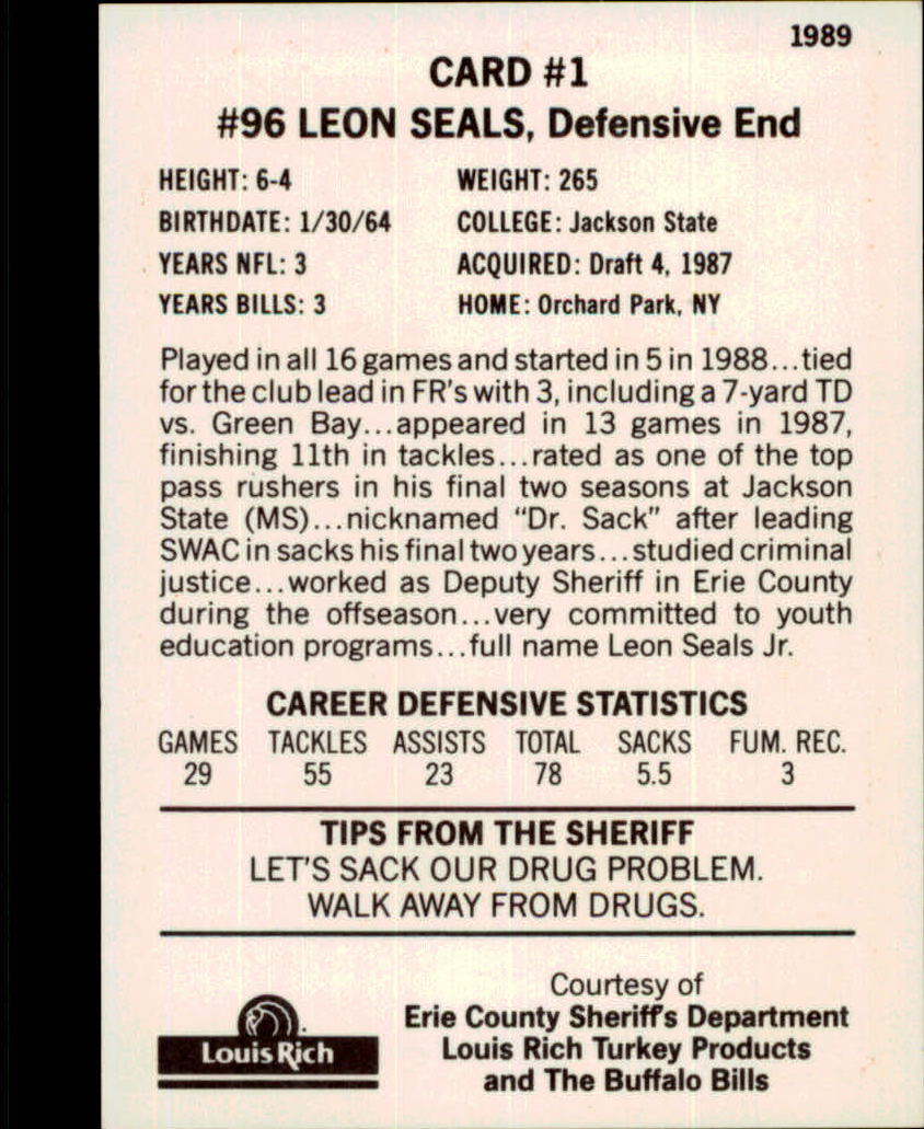 1989 Bills Police #1 Leon Seals back image