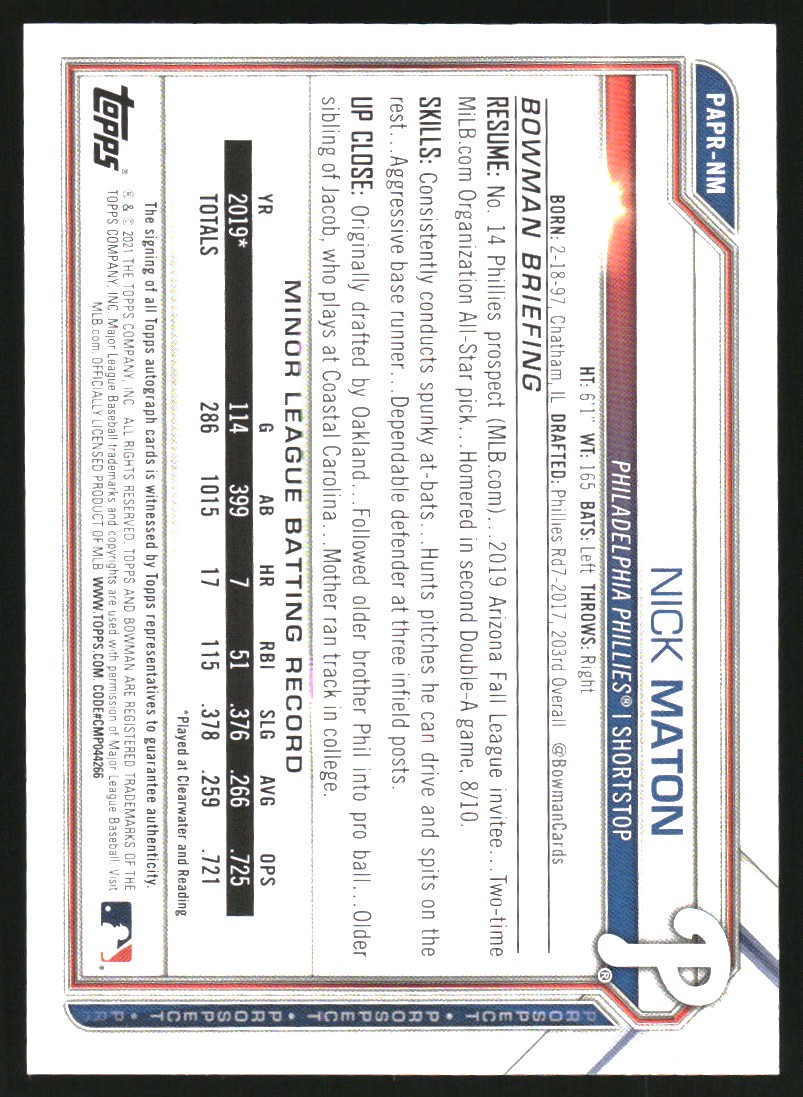 2021 Bowman Prospect Autographs Purple #PAPRNM Nick Maton