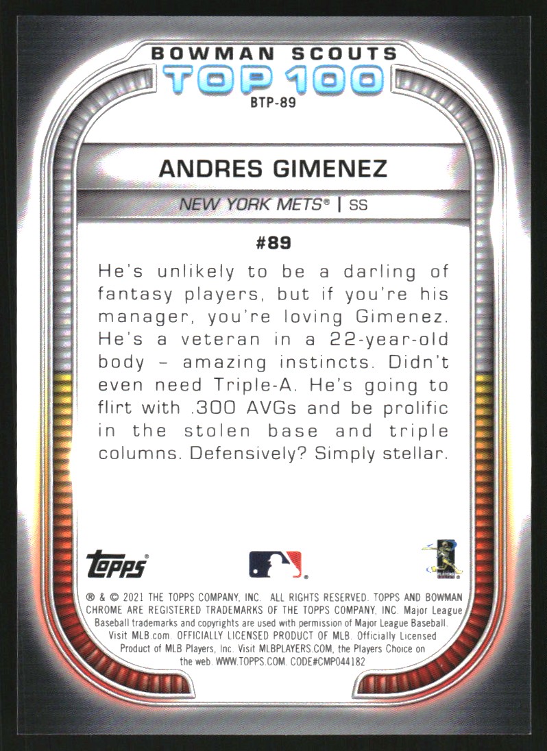 2021 Bowman Chrome Scouts Top 100 Aqua Refractors #BTP89 Andres Gimenez