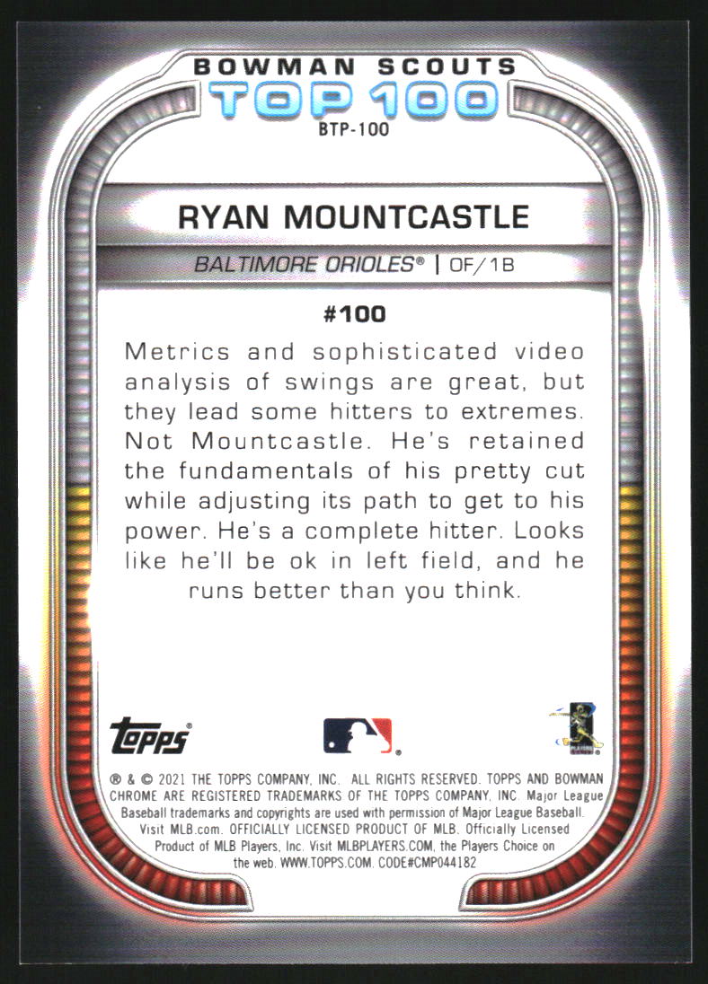 2021 Bowman Chrome Scouts Top 100 Aqua Refractors #BTP100 Ryan Mountcastle