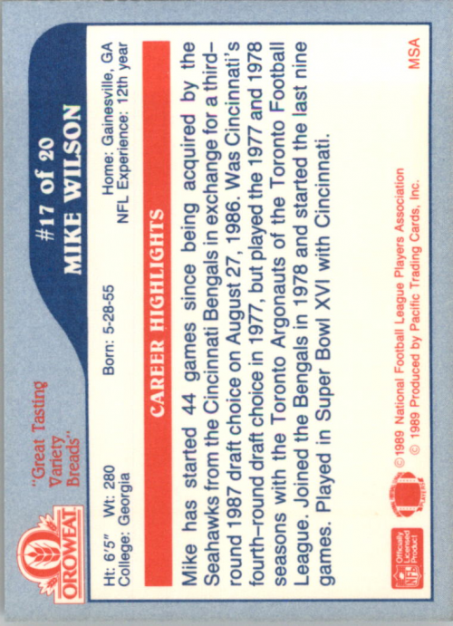 1989 Seahawks Oroweat #17 Mike Wilson T back image
