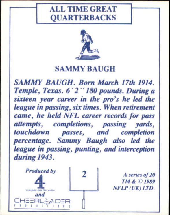 1989 TV-4 NFL Quarterbacks #2 Sammy Baugh back image