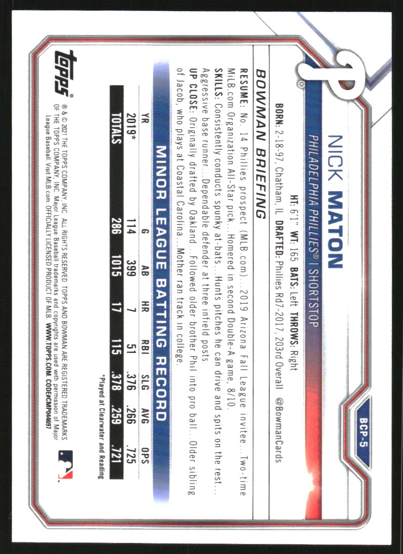 2021 Bowman Chrome Mega Box Prospects Purple Refractors #BCP5 Nick Maton