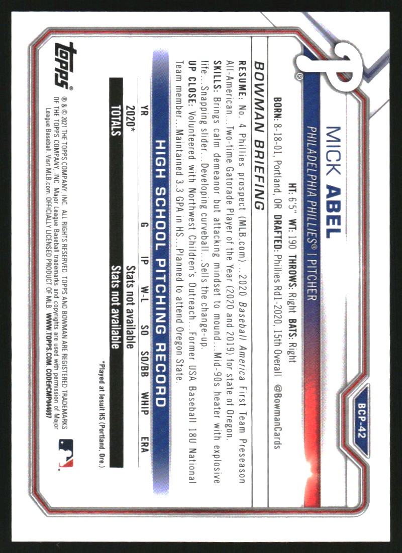 2021 Bowman Chrome Mega Box Prospects Gold Refractors #BCP42 Mick Abel