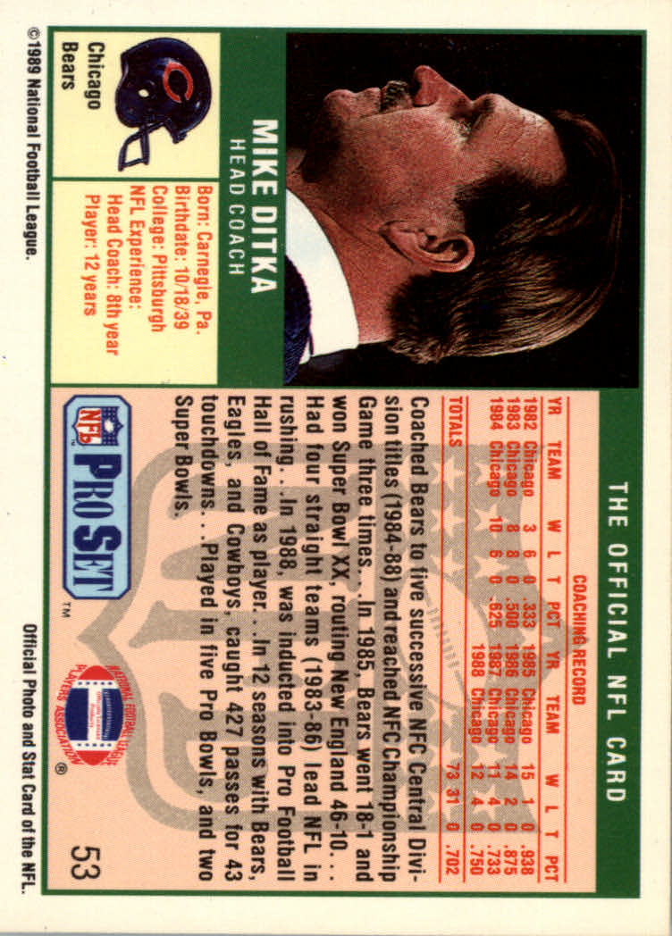 1989 Pro Set #53B Mike Ditka CO/(HOF banner on front) back image
