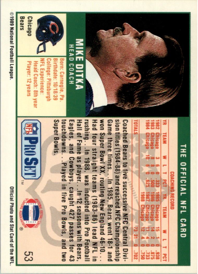 1989 Pro Set #53B Mike Ditka CO/(HOF banner on front) back image