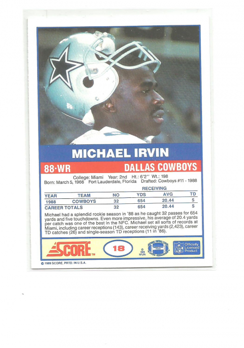 1989 Score #18 Michael Irvin RC back image