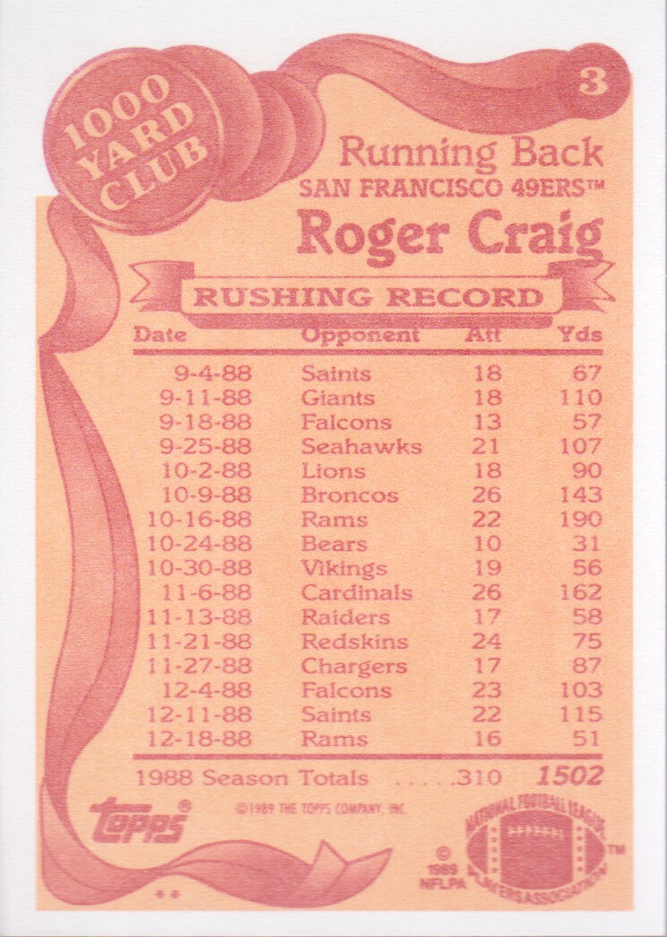 1989 Topps 1000 Yard Club #3 Roger Craig back image