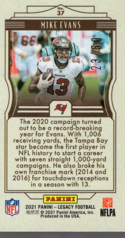 2021 Panini Legacy Premium Edition Sapphire Mini #37 Mike Evans back image