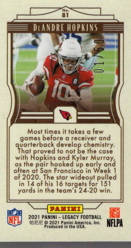 2021 Panini Legacy Premium Edition Sapphire Mini #81 DeAndre Hopkins back image