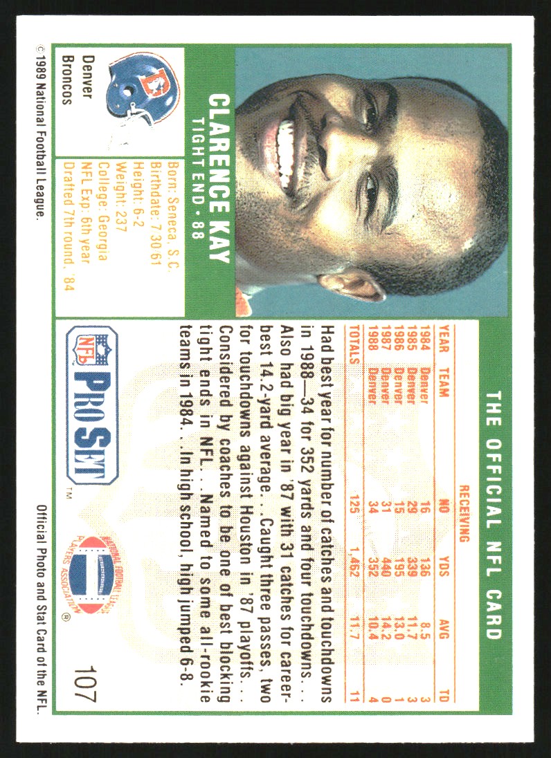 1989-90 Pro Set Super Bowl XXIV Binder #107 Clarence Kay back image