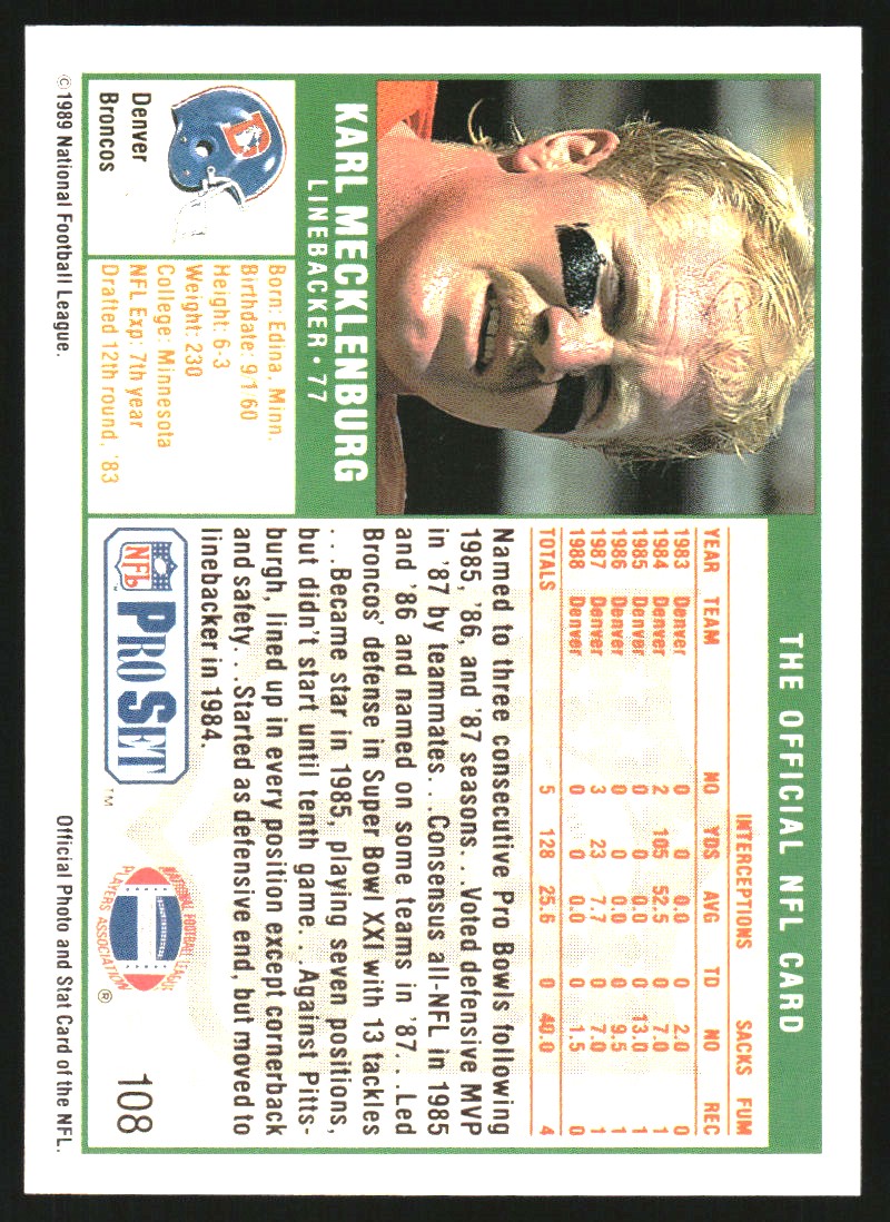 1989-90 Pro Set Super Bowl XXIV Binder #108 Karl Mecklenburg back image