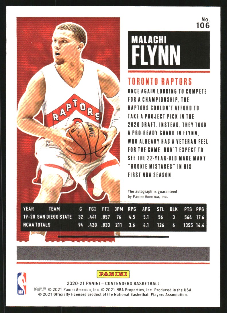 2020-21 Panini Contenders Playoff Ticket #106 Malachi Flynn AU