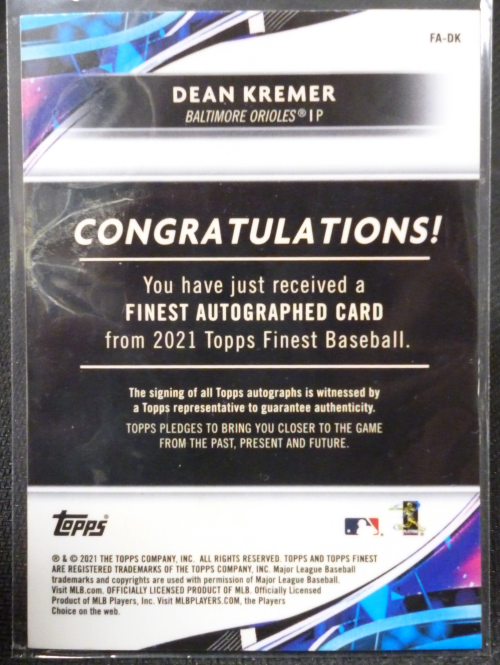 2021 Finest Autographs Refractors #FADK Dean Kremer back image