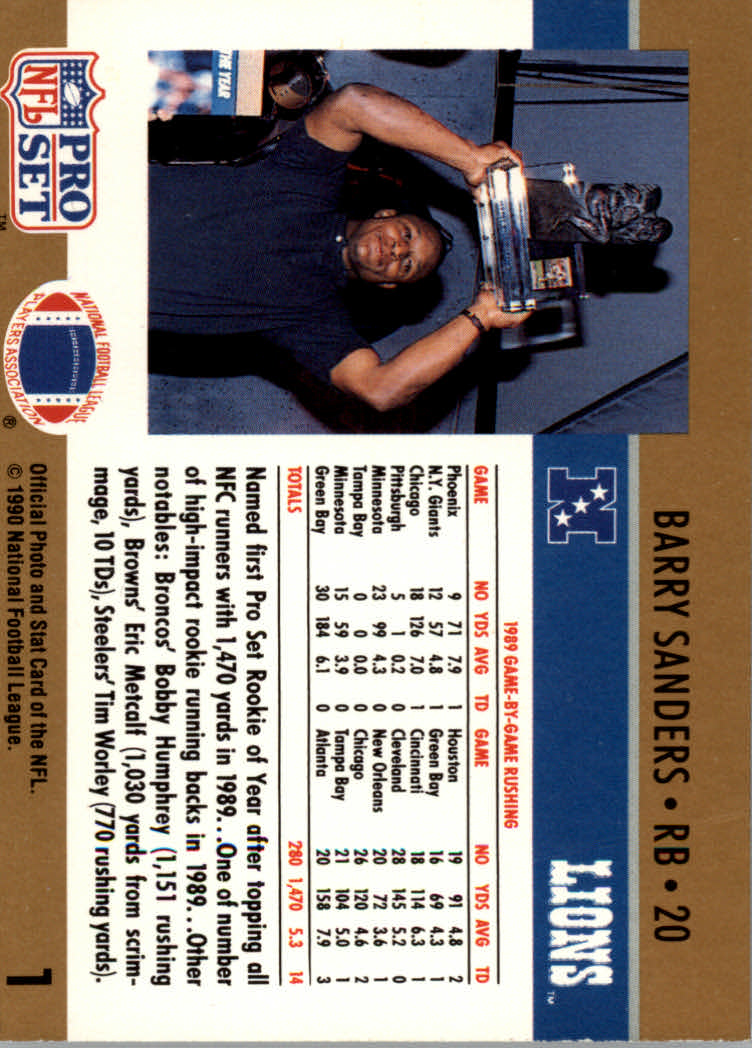 1990 Pro Set #1B Barry Sanders ROY/holding trophy on cardback photo back image