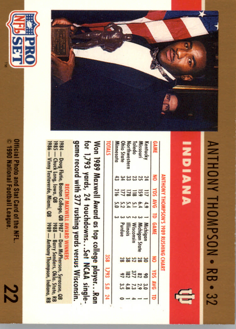 1990 Pro Set #22A Anthony Thompson RC/Maxwell Award/(No drafted stripe/on card front) back image