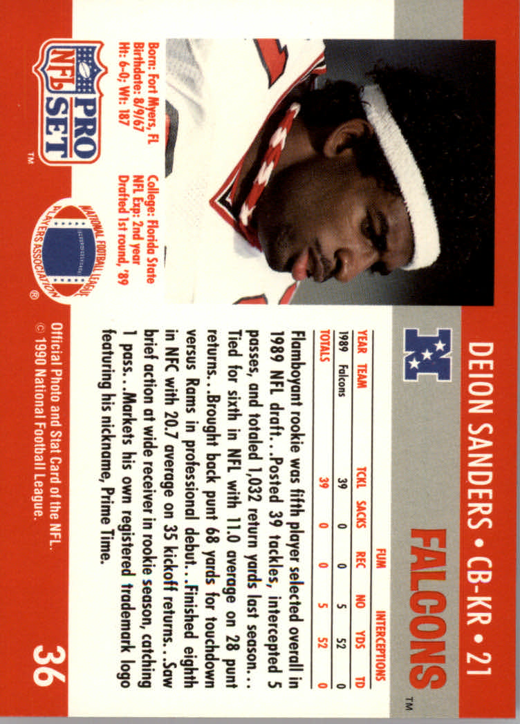 1990 Pro Set #36 Deion Sanders UER/(Stats say Falcons) back image