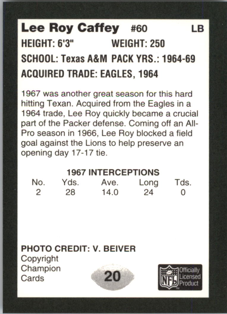 1991 Packers Super Bowl II #20 Lee Roy Caffey back image