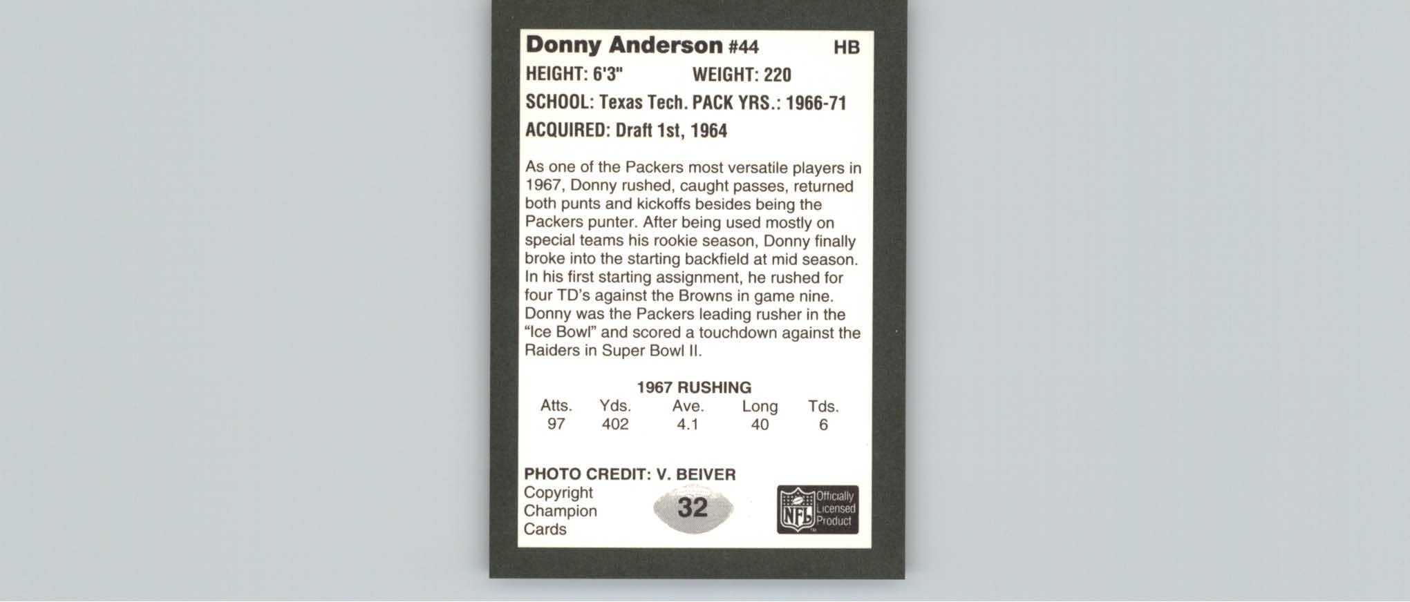 1991 Packers Super Bowl II #32 Donny Anderson back image