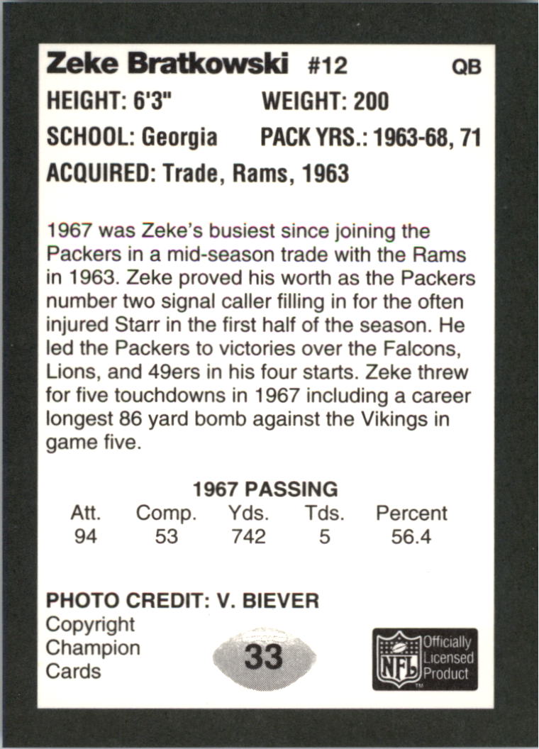 1991 Packers Super Bowl II #33 Zeke Bratkowski back image