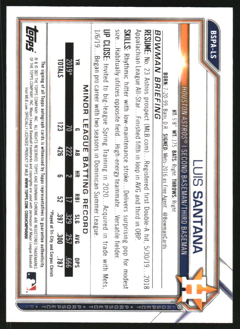 2021 Bowman Chrome Sapphire Prospect Autographs #BSPALS Luis Santana