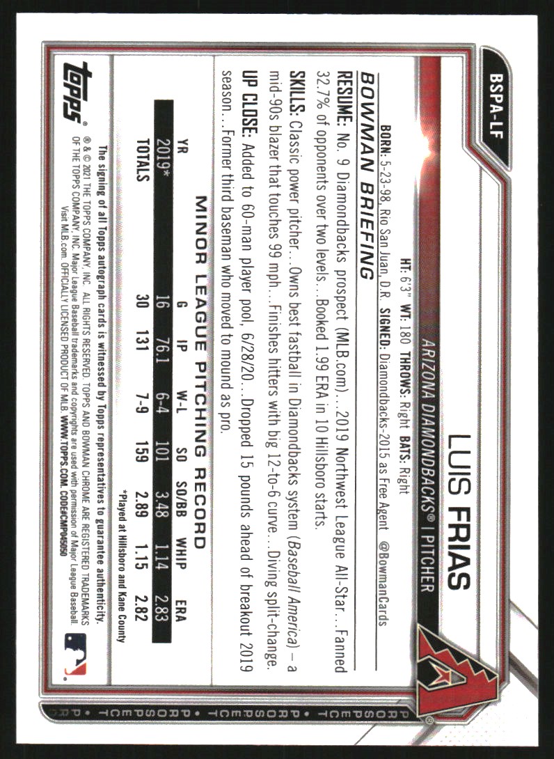 2021 Bowman Chrome Sapphire Prospect Autographs Aqua Refractors #BSPALF Luis Frias