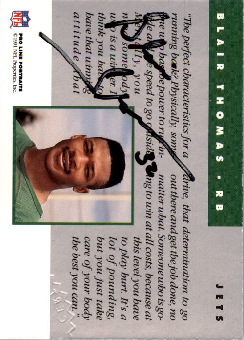 1991 Pro Line Portraits Autographs #261 Blair Thomas back image