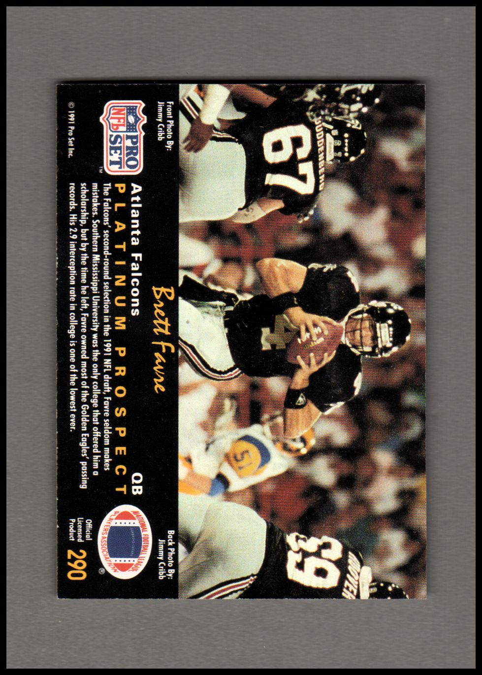1991 Pro Set Platinum #290 Brett Favre RC back image