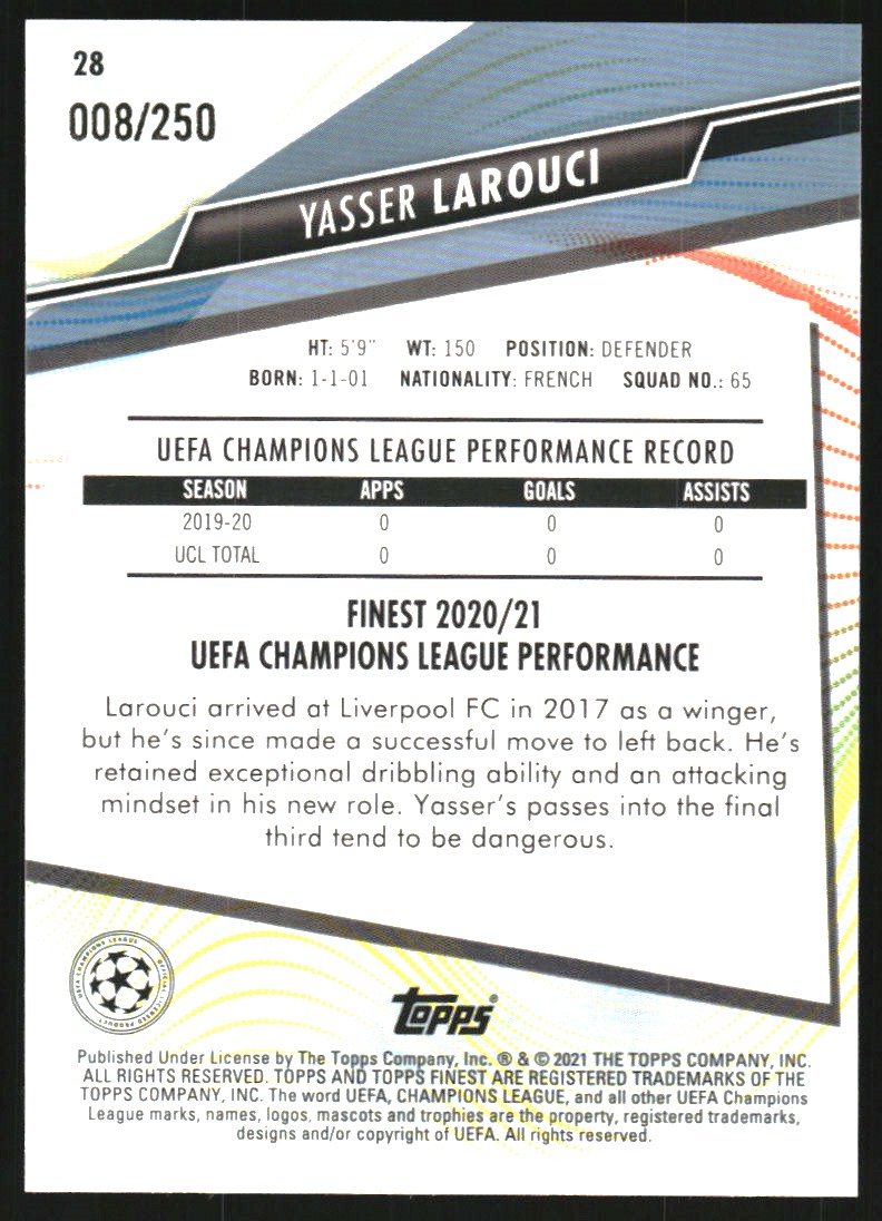 2020-21 Finest UEFA Champions League Purple Refractors #28 Yasser Larouci back image