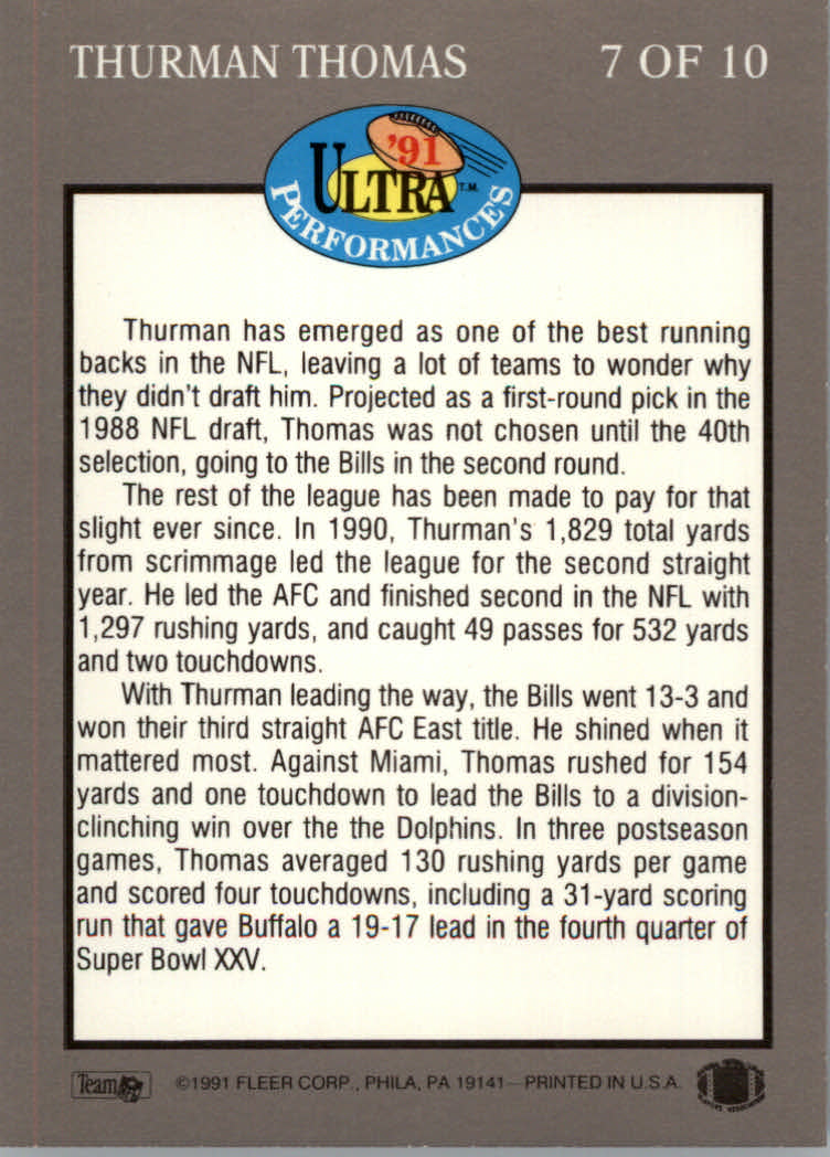 1991 Ultra Performances #7 Thurman Thomas back image