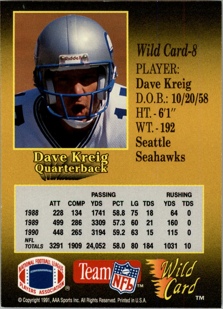 1991 Wild Card 5 Stripe #8 Dave Krieg back image