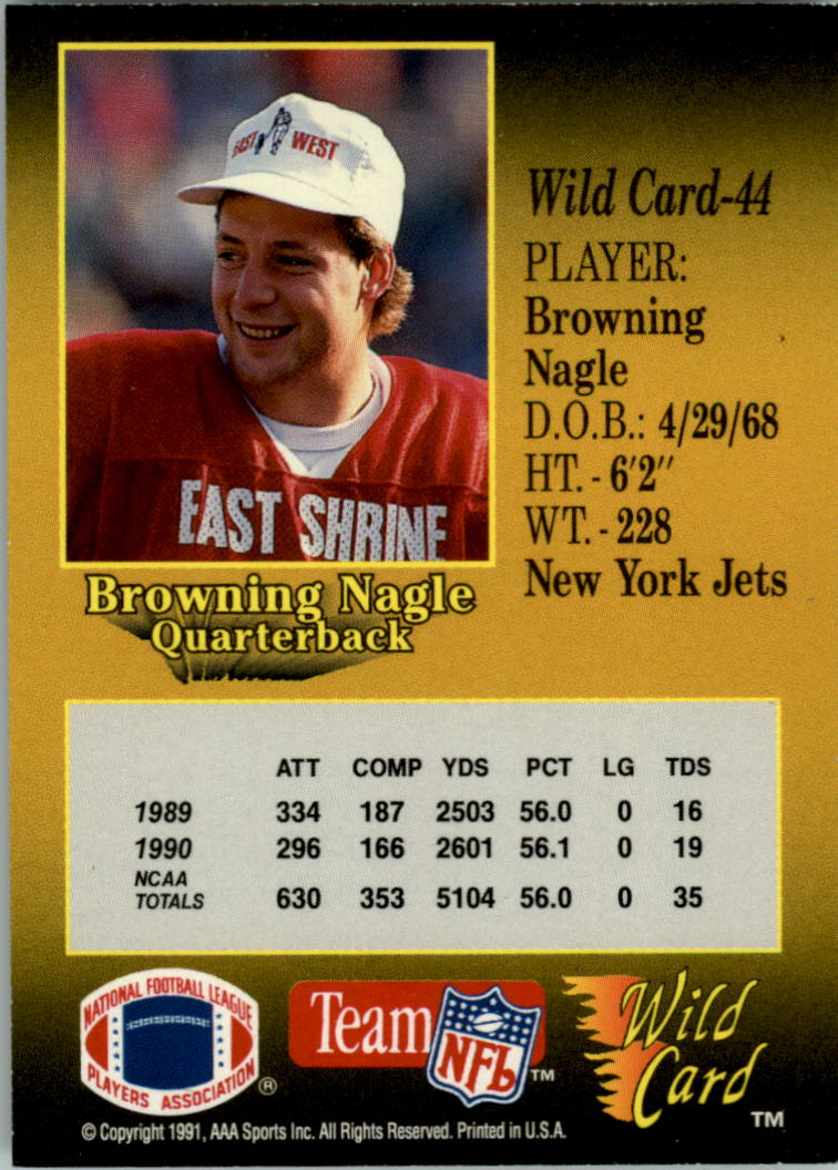 1991 Wild Card 10 Stripe #44 Browning Nagle back image