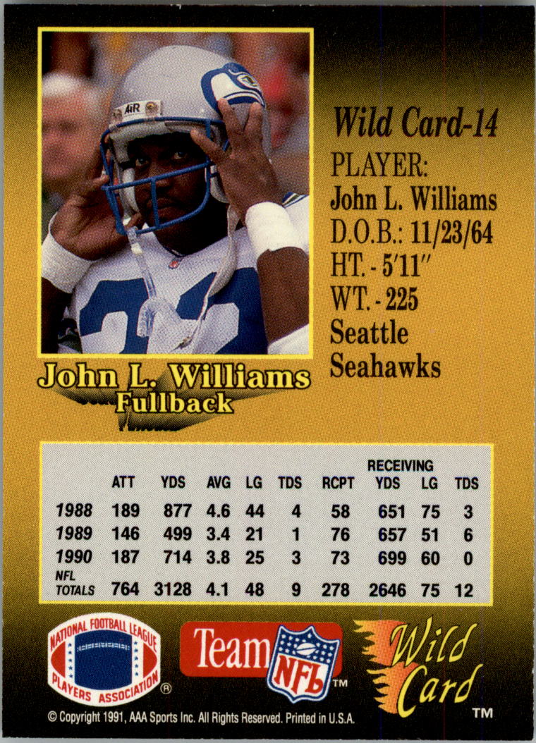 1991 Wild Card 50 Stripe #14 John L. Williams back image