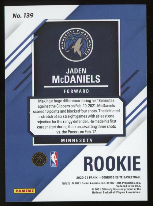 2020-21 Elite #139 Jaden McDaniels RC back image