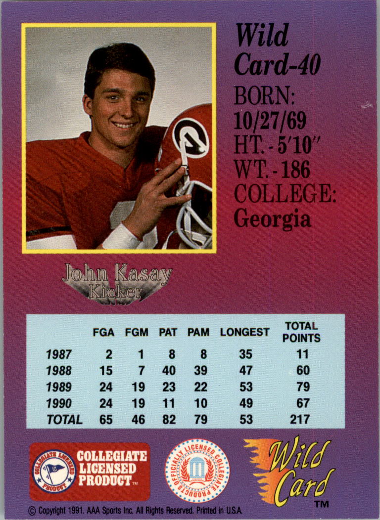 1991 Wild Card Draft 10 Stripe #40 John Kasay back image