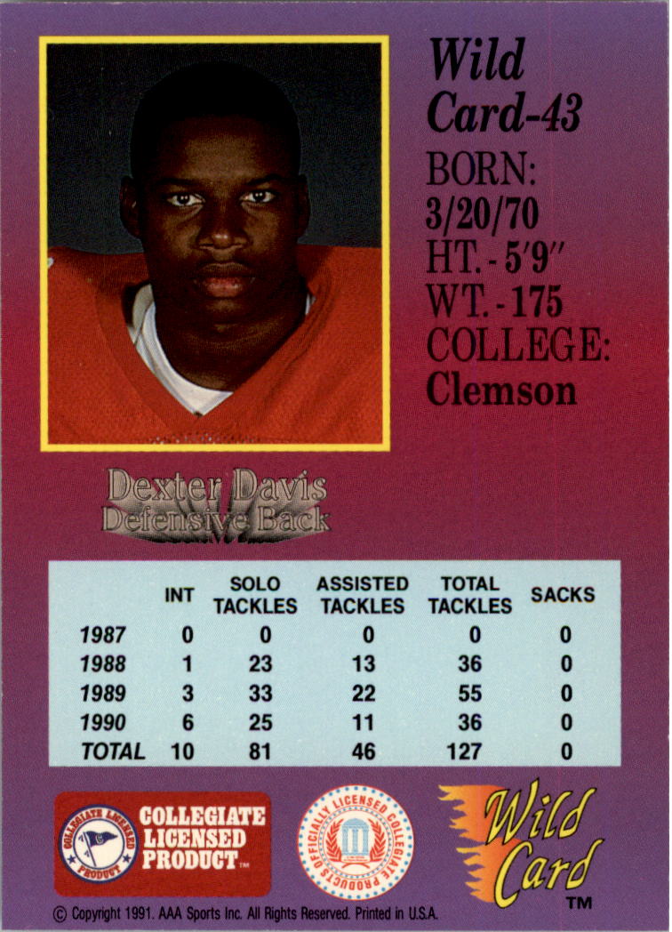 1991 Wild Card Draft 10 Stripe #43 Dexter Davis back image
