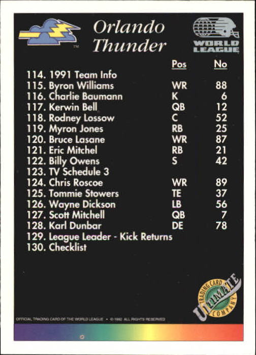 1992 Ultimate WLAF #130 Orlando Thunder back image