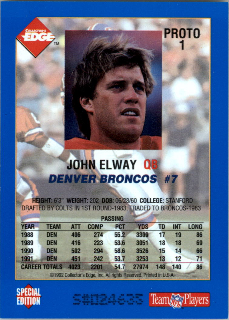1992 Collector's Edge Promos #PROT1 John Elway back image