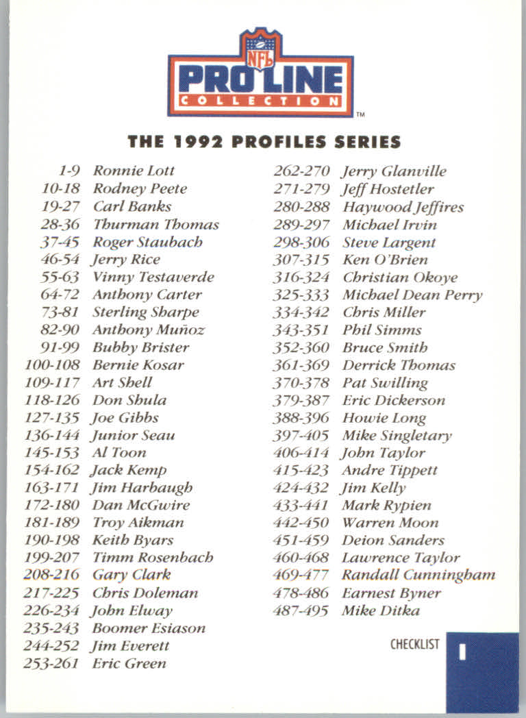 1992 Pro Line Profiles Football "Main Set" Base Cards #361 to #495, Checklists - Picture 288 of 289