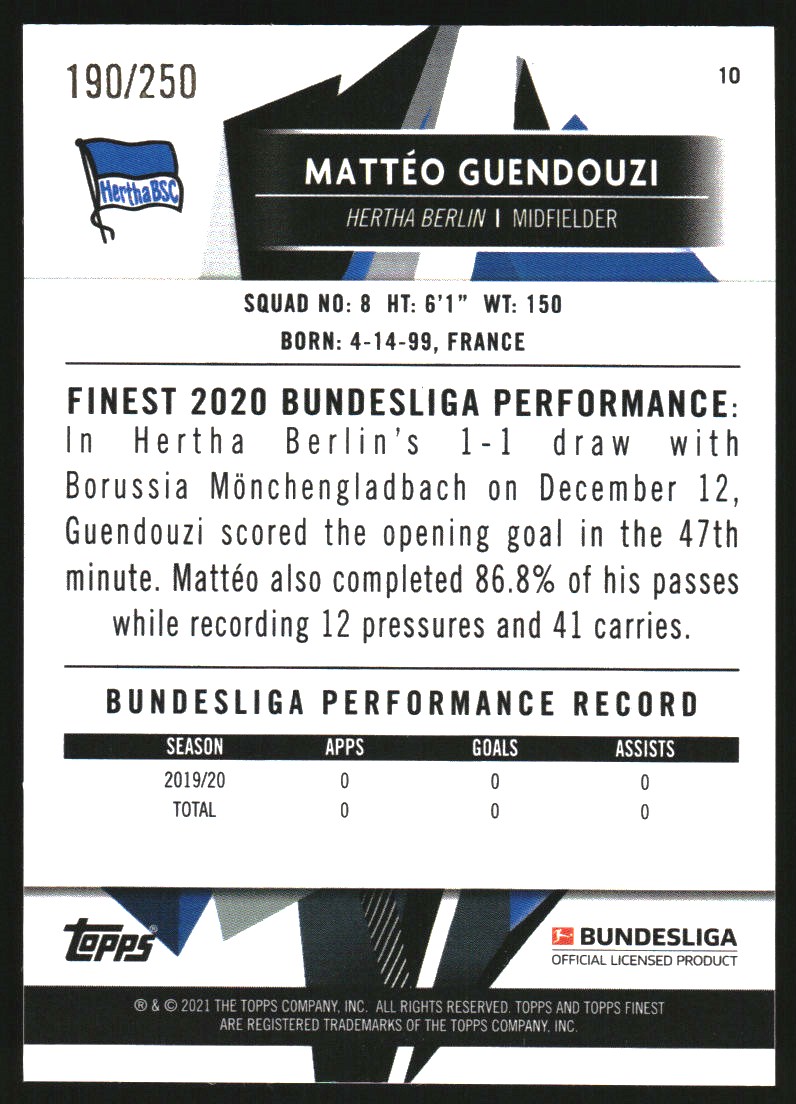 2020-21 Finest Bundesliga Purple Refractors #10 Matteo Guendouzi back image