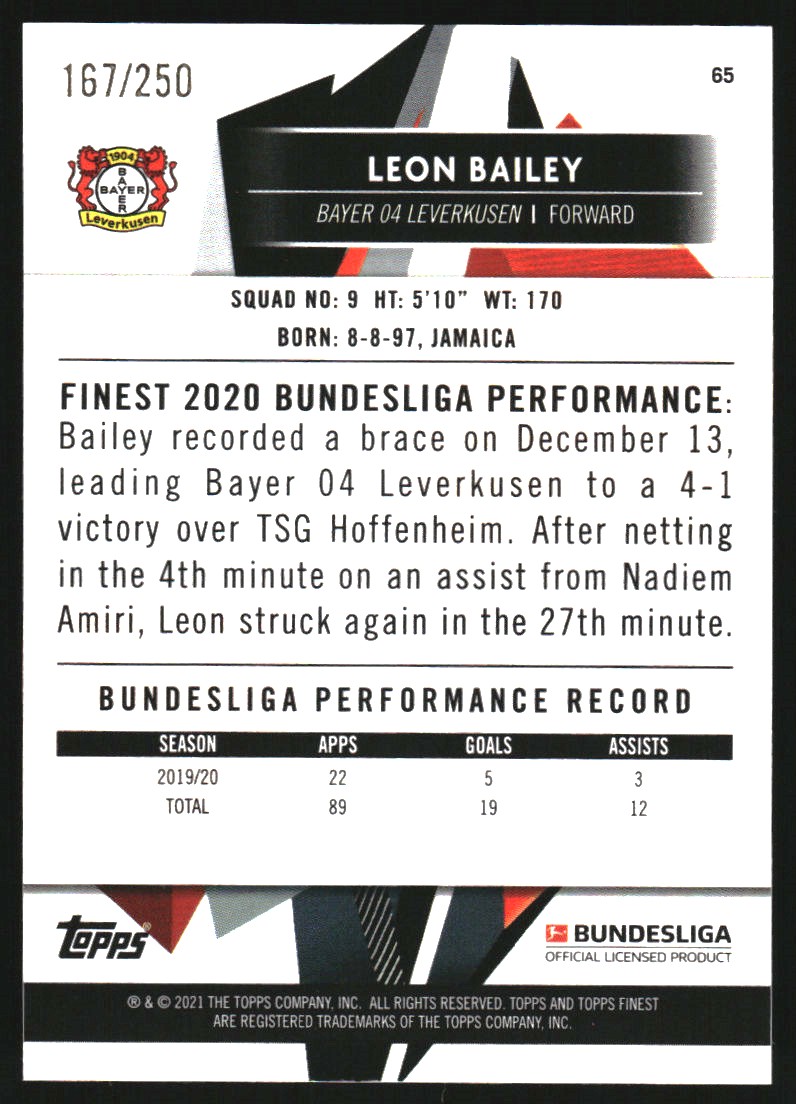 2020-21 Finest Bundesliga Purple Refractors #65 Leon Bailey back image