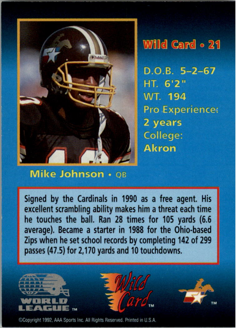 1992 Wild Card WLAF 5 Stripe #21 Mike Johnson QB back image