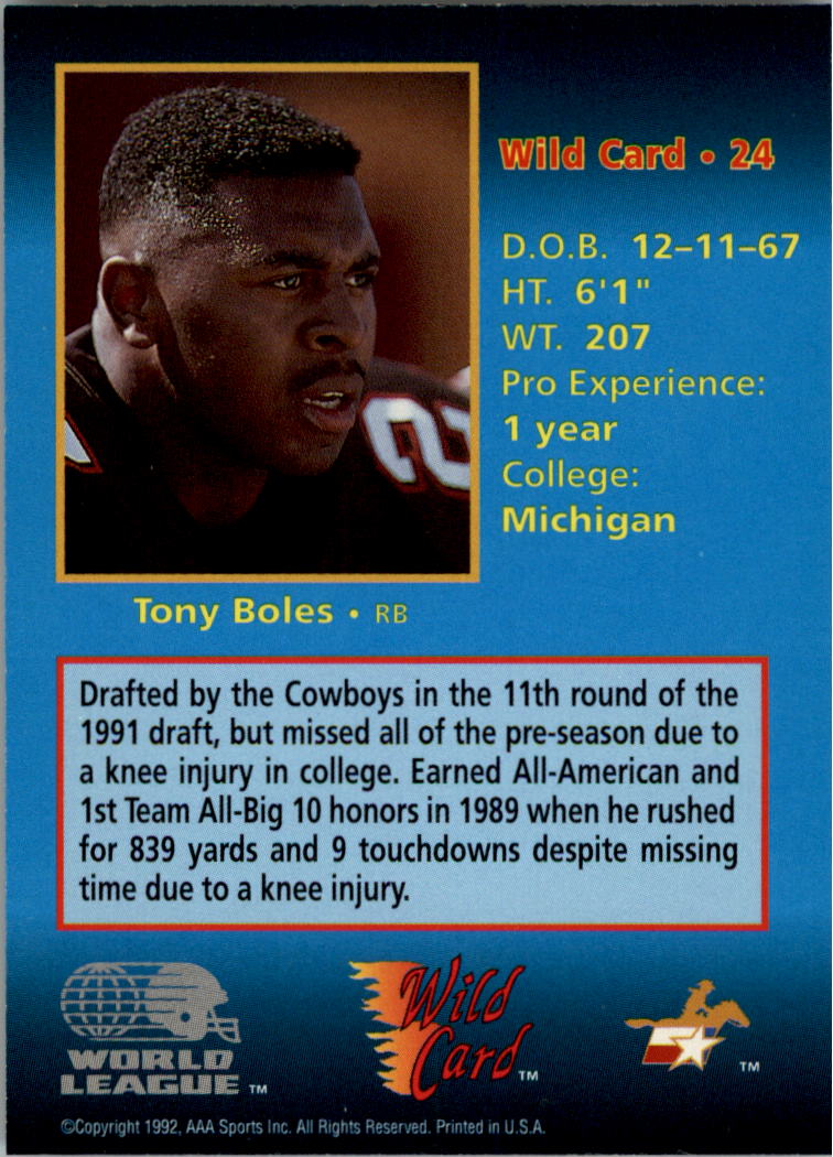 1992 Wild Card WLAF 5 Stripe #24 Tony Boles back image